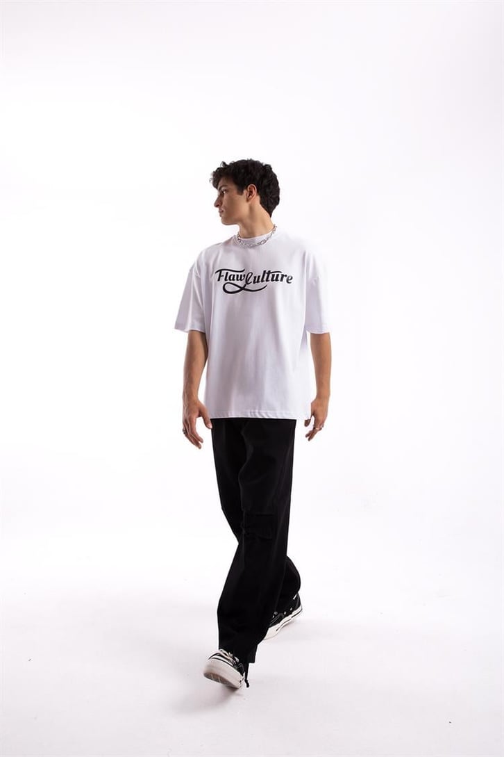 Flaw Culture Old School Printed Beyaz Oversize Tshirt