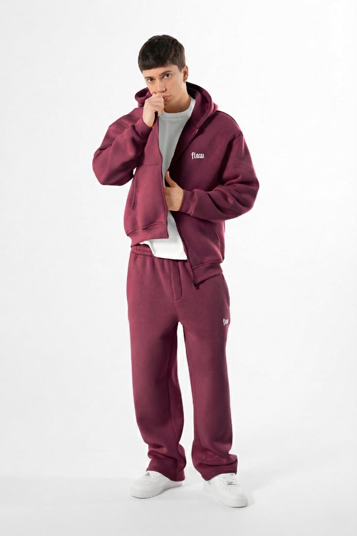 Flaw Nakışlı Bordo Zip Hoodie