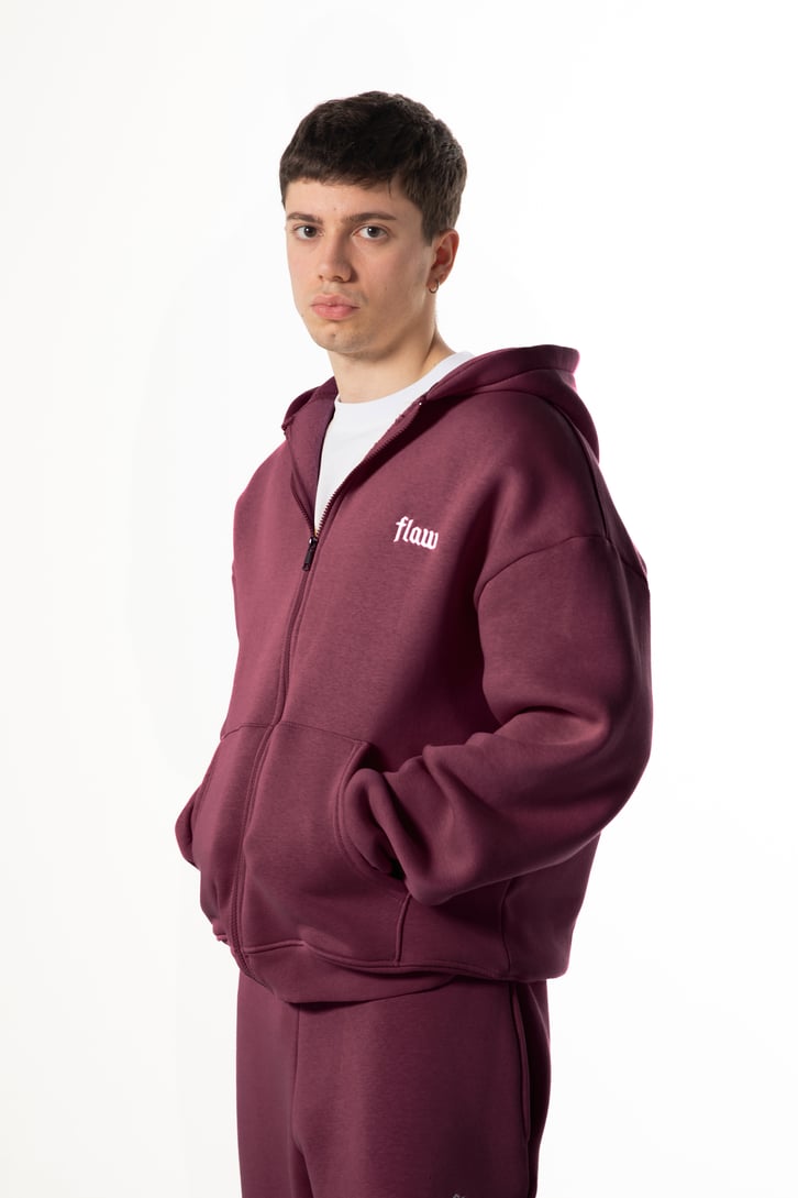 Flaw Nakışlı Bordo Zip Hoodie