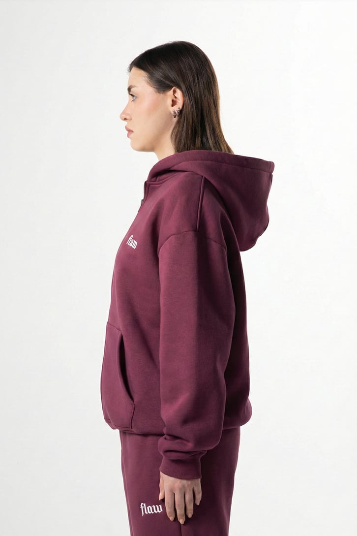 Flaw Nakışlı Bordo Zip Hoodie