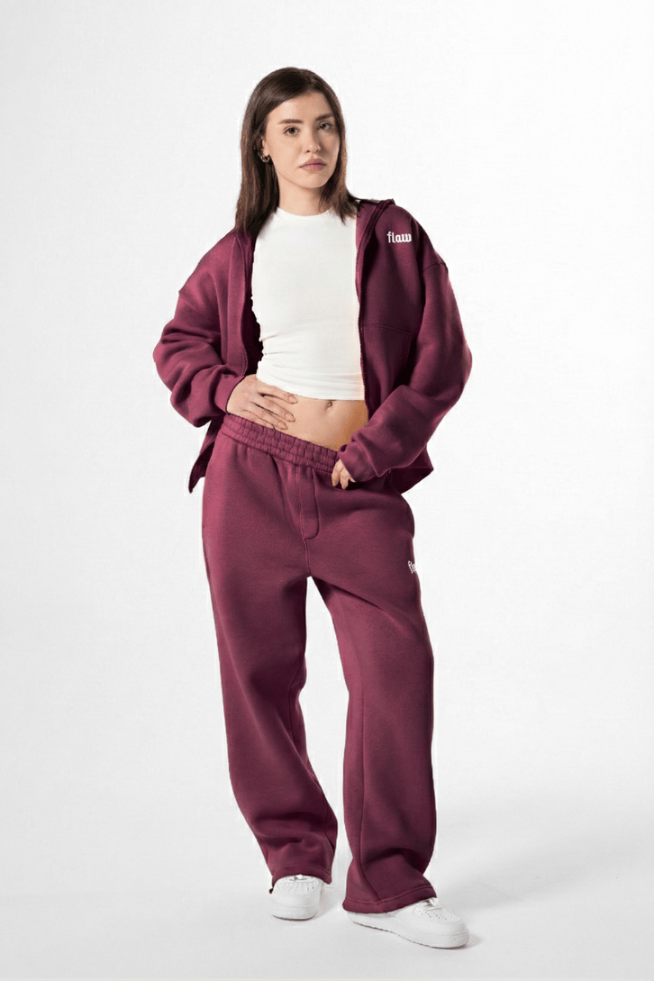 Flaw Nakışlı Bordo Zip Hoodie