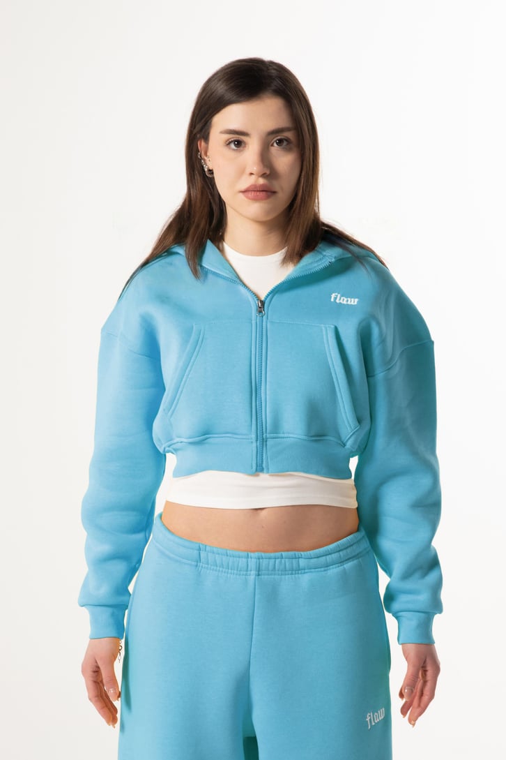 Flaw Nakışlı Mavi Zip Crop