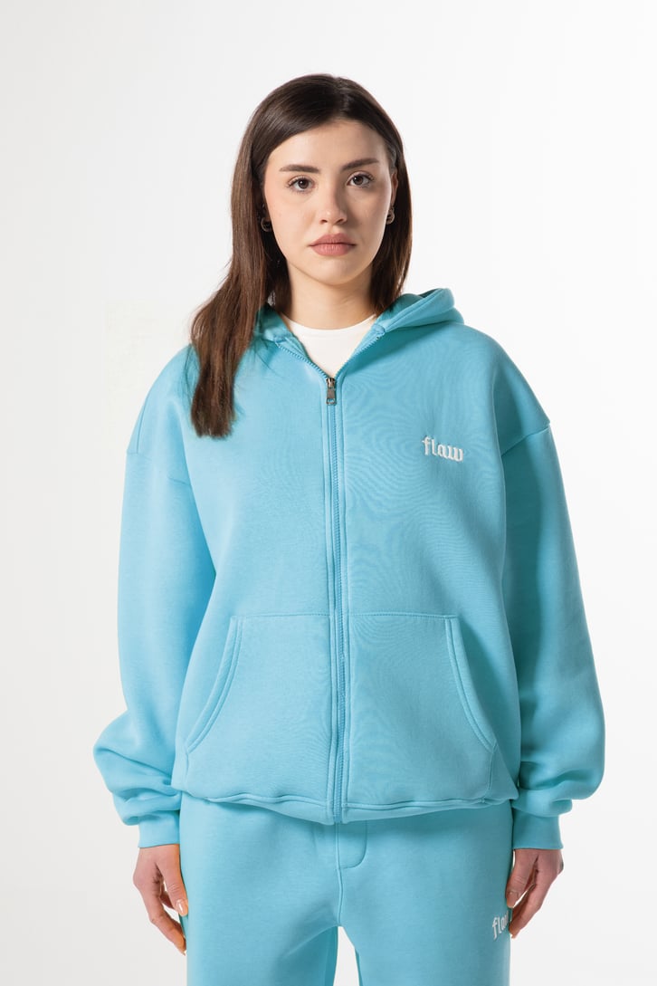 Flaw Nakışlı Mavi Zip Hoodie