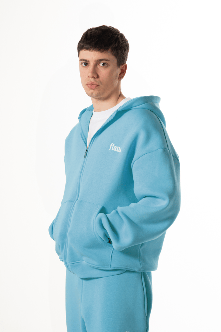 Flaw Nakışlı Mavi Zip Hoodie
