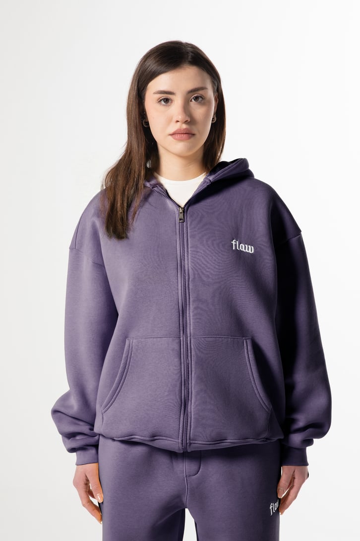 Flaw Nakışlı Mor Zip Hoodie