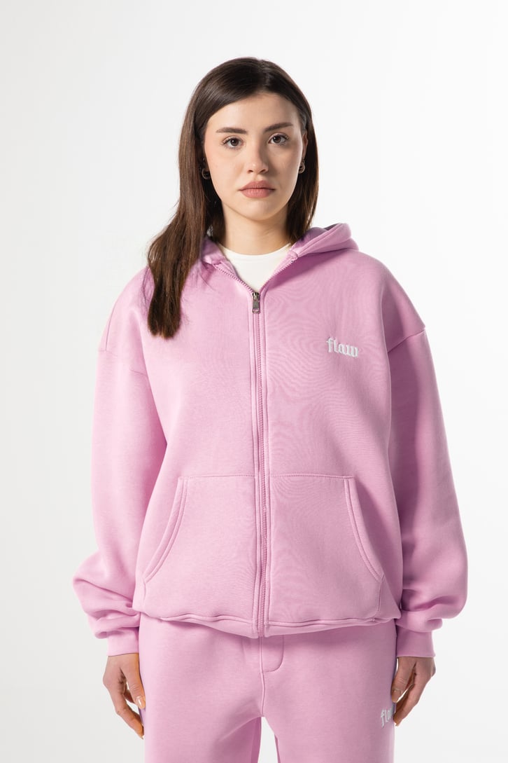 Flaw Nakışlı Pembe Zip Hoodie