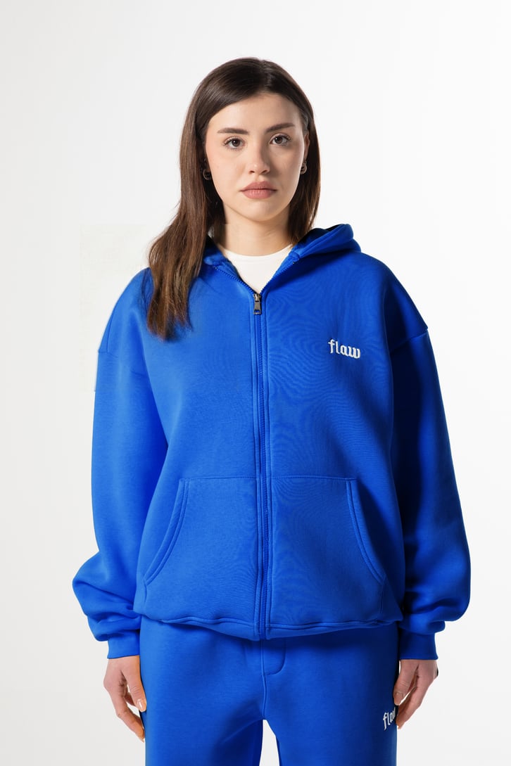 Flaw Nakışlı Saks Mavi Zip Hoodie