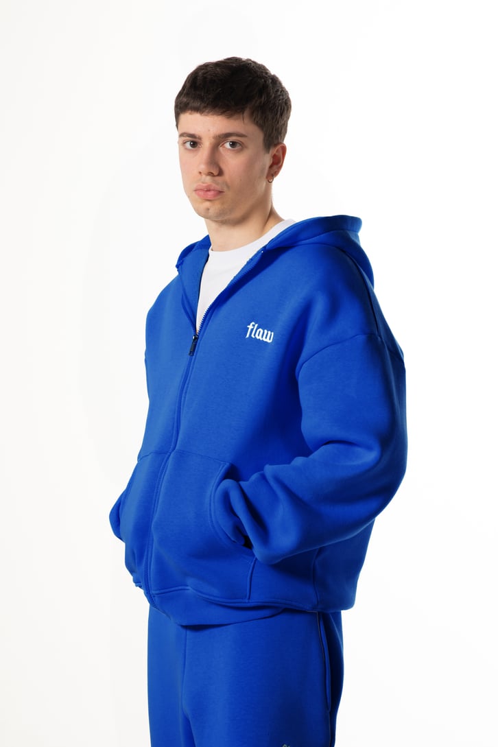 Flaw Nakışlı Saks Mavi Zip Hoodie