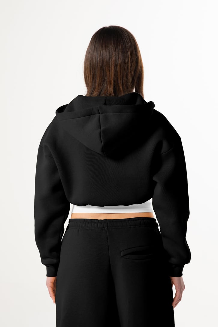 Flaw Nakışlı Siyah Zip Crop