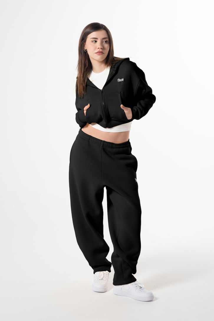 Flaw Nakışlı Siyah Zip Crop