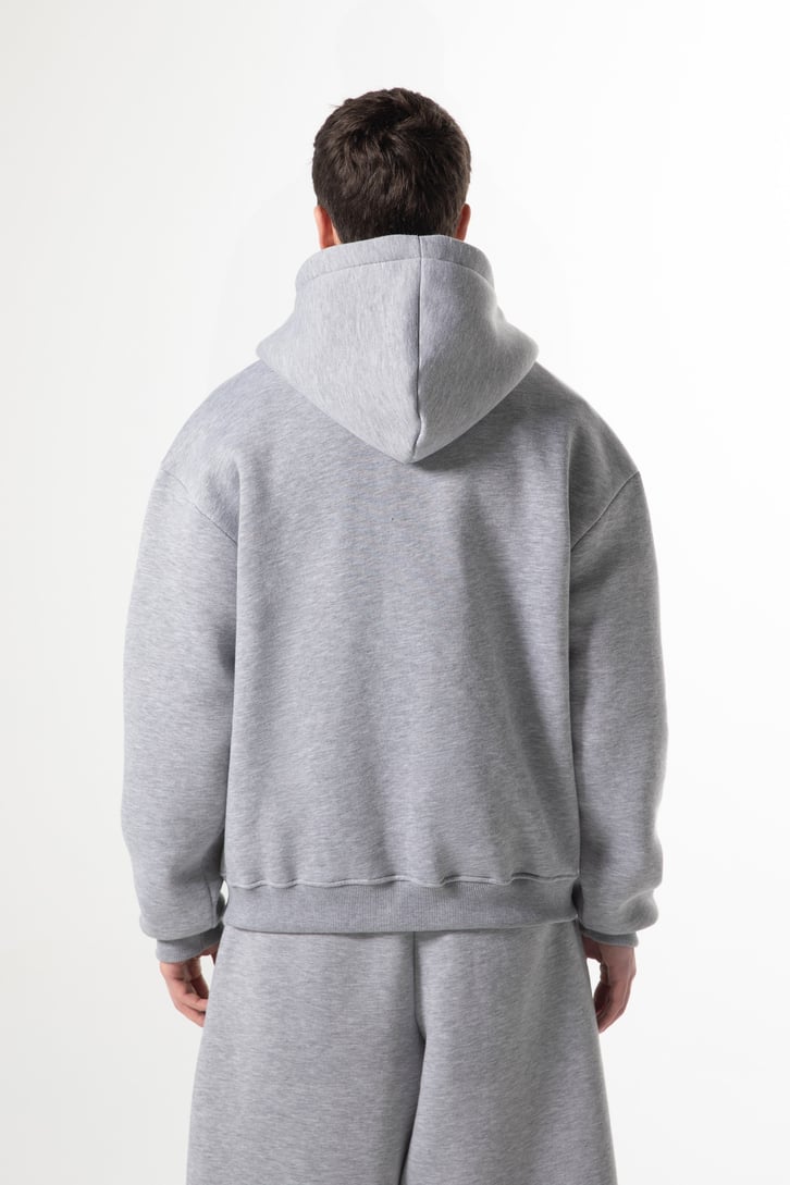 Flaw Nakışlı Zip Hoodie Gri Melanj