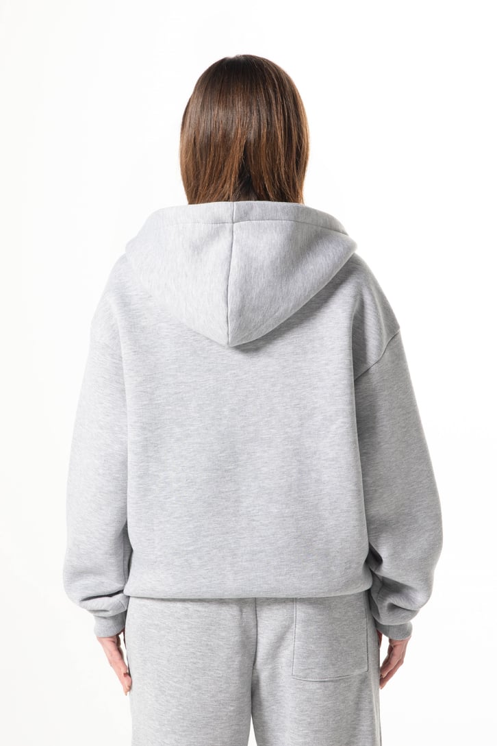 Flaw Nakışlı Zip Hoodie Gri Melanj