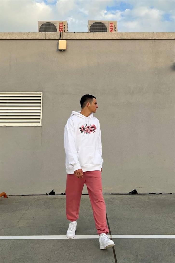 Flower Baskılı Beyaz İçi Pamuklu Oversize Hoodie