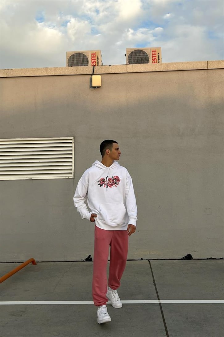 Flower Baskılı Beyaz İçi Pamuklu Oversize Hoodie
