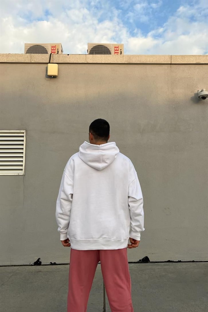 Flower Baskılı Beyaz İçi Pamuklu Oversize Hoodie