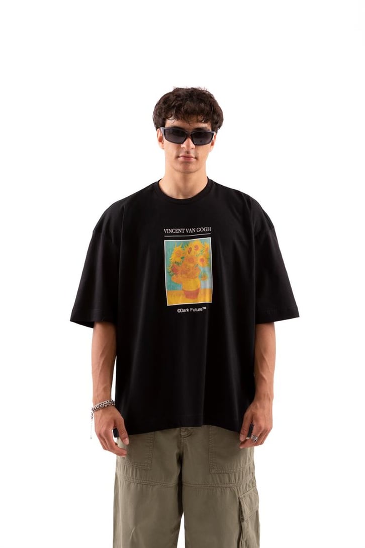 Flower Printed Siyah Oversize Tshirt