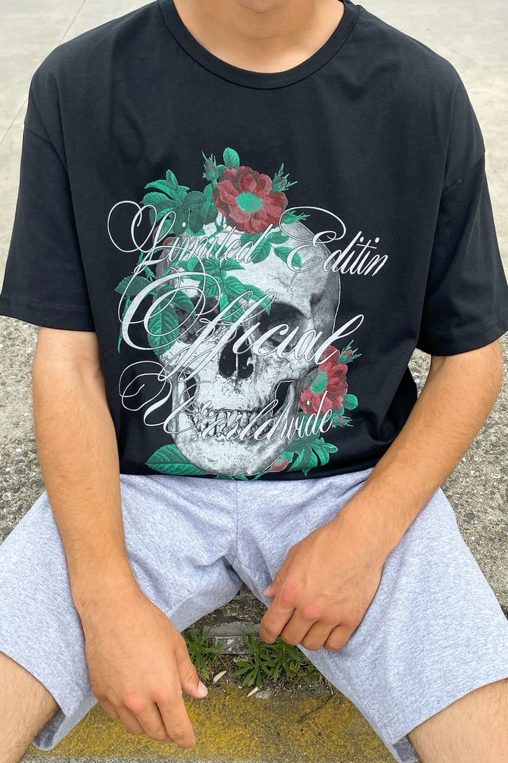 Flower Skull Baskılı Siyah Oversize Tshirt