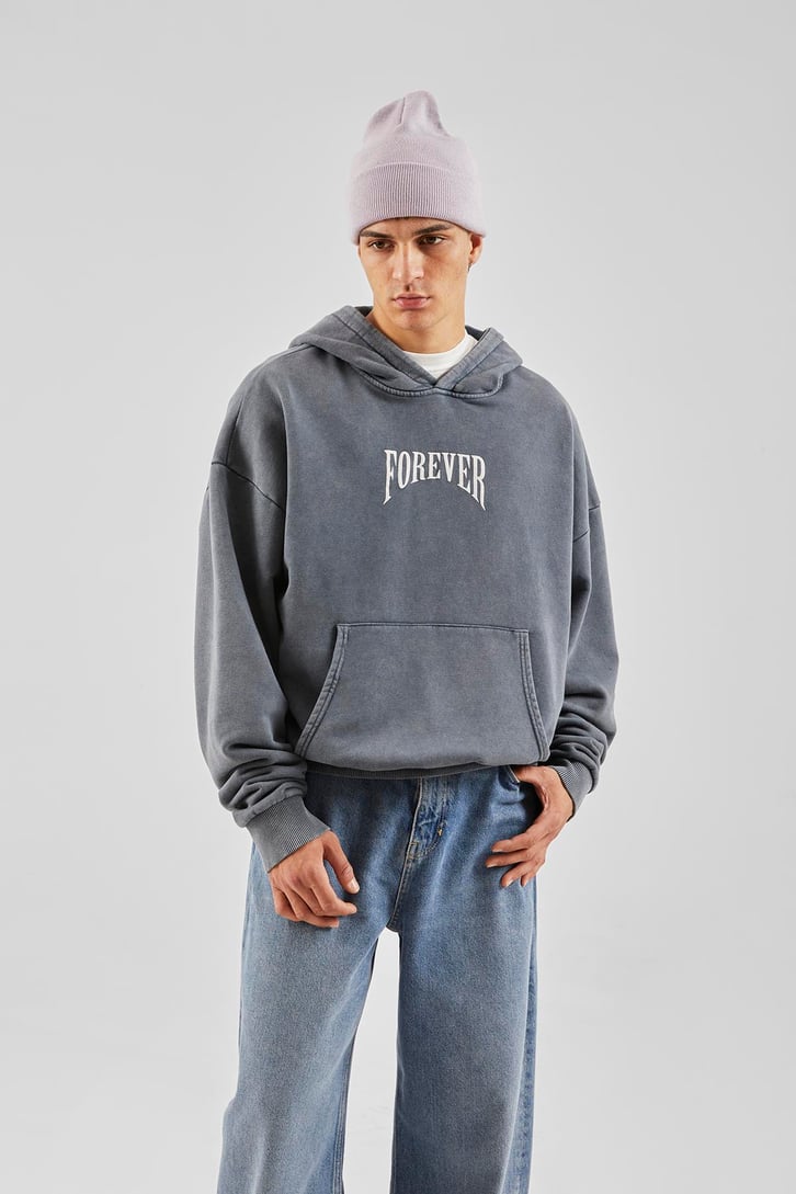 Forever Baskılı Füme Oversize Hoodie