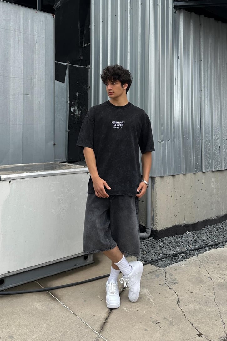 From Dream To Reality Acid Wash Nakışlı Oversize Tişört