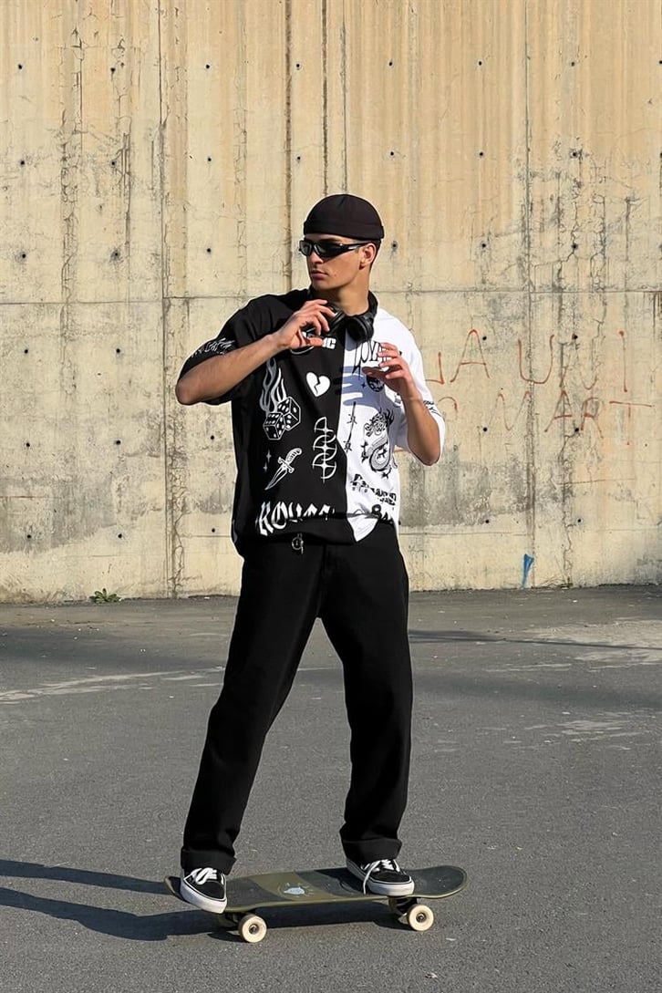 Full Printed Siyah Oversize Tişört