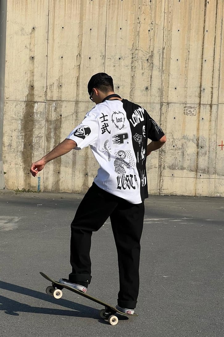 Full Printed Siyah Oversize Tişört