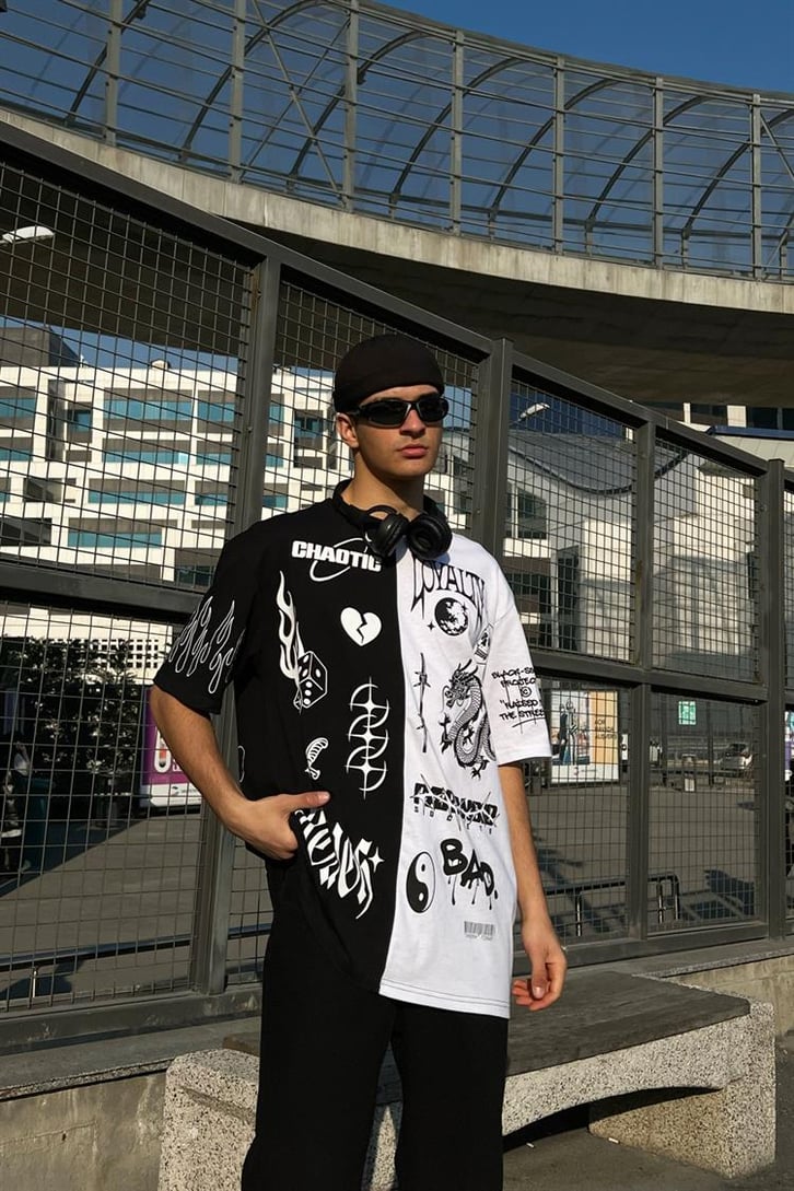 Full Printed Siyah Oversize Tişört