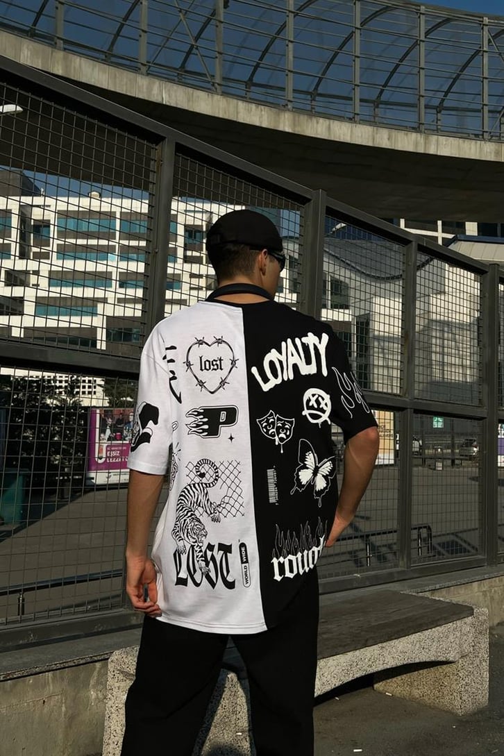 Full Printed Siyah Oversize Tişört