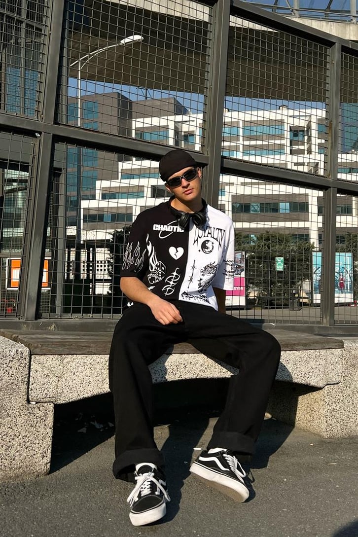Full Printed Siyah Oversize Tişört