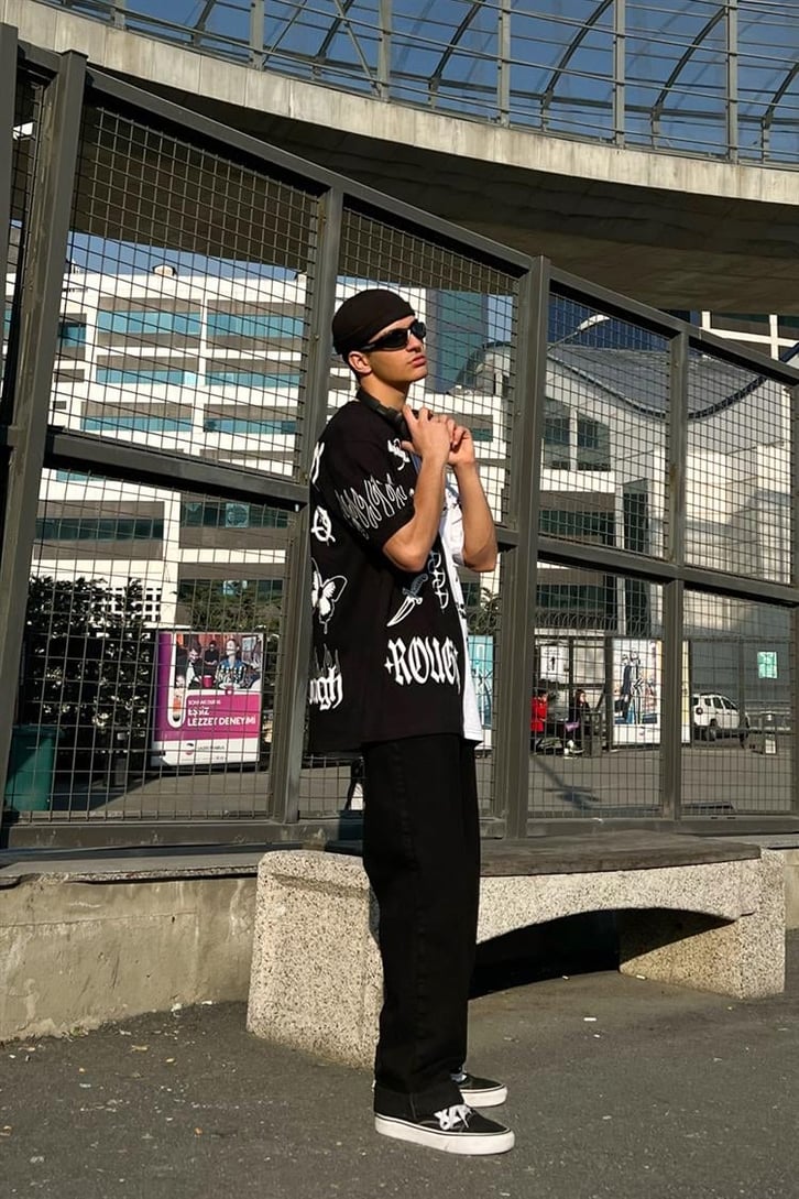 Full Printed Siyah Oversize Tişört
