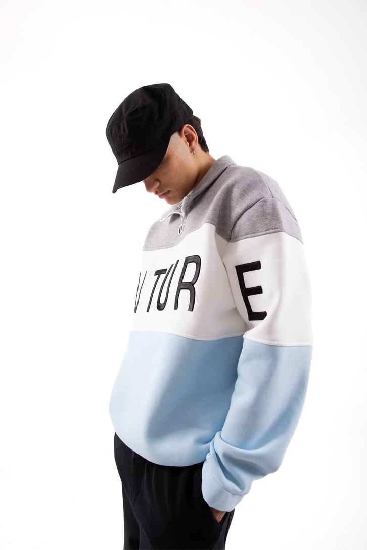 Future Baskılı Yarım Fermuarlı Bebek Mavisi Oversize Sweatshirt