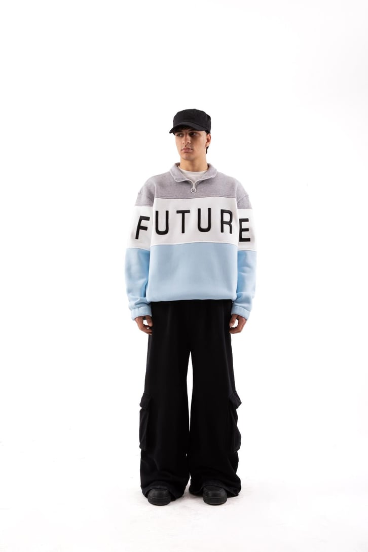 Future Baskılı Yarım Fermuarlı Bebek Mavisi Oversize Sweatshirt