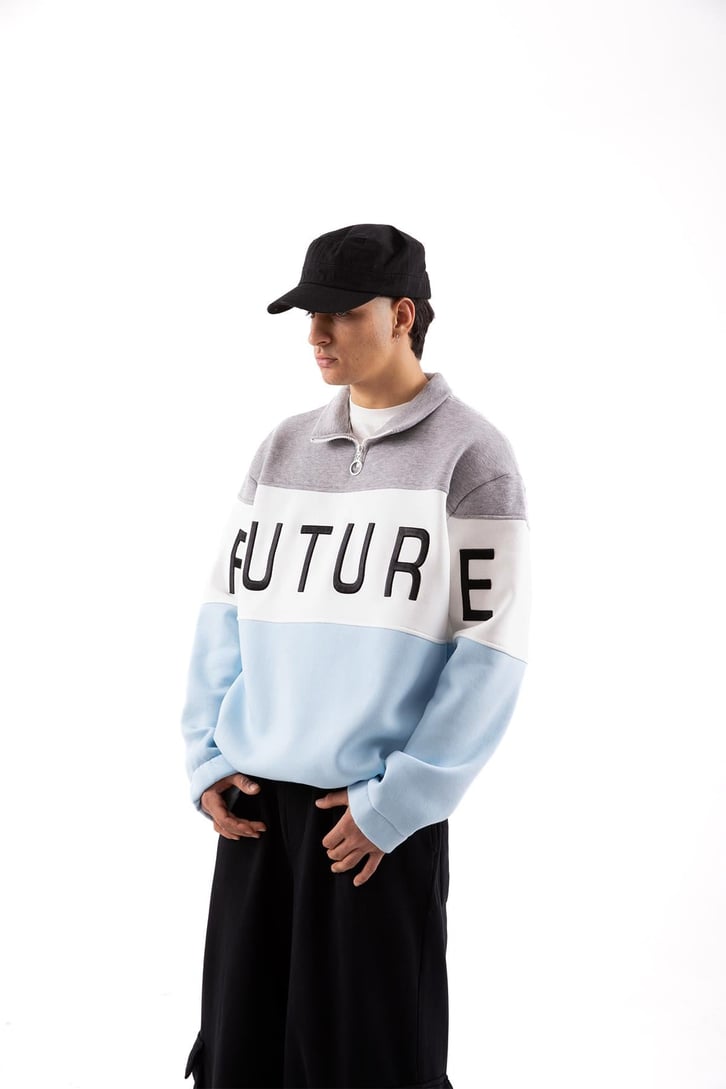 Future Baskılı Yarım Fermuarlı Bebek Mavisi Oversize Sweatshirt