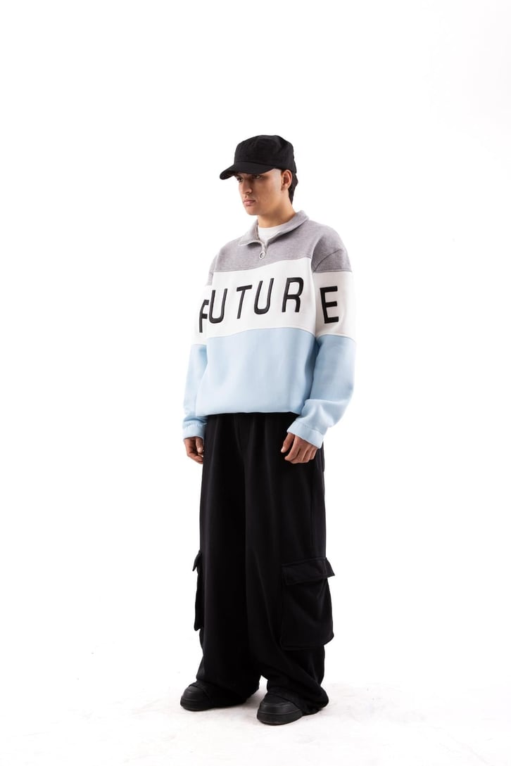 Future Baskılı Yarım Fermuarlı Bebek Mavisi Oversize Sweatshirt