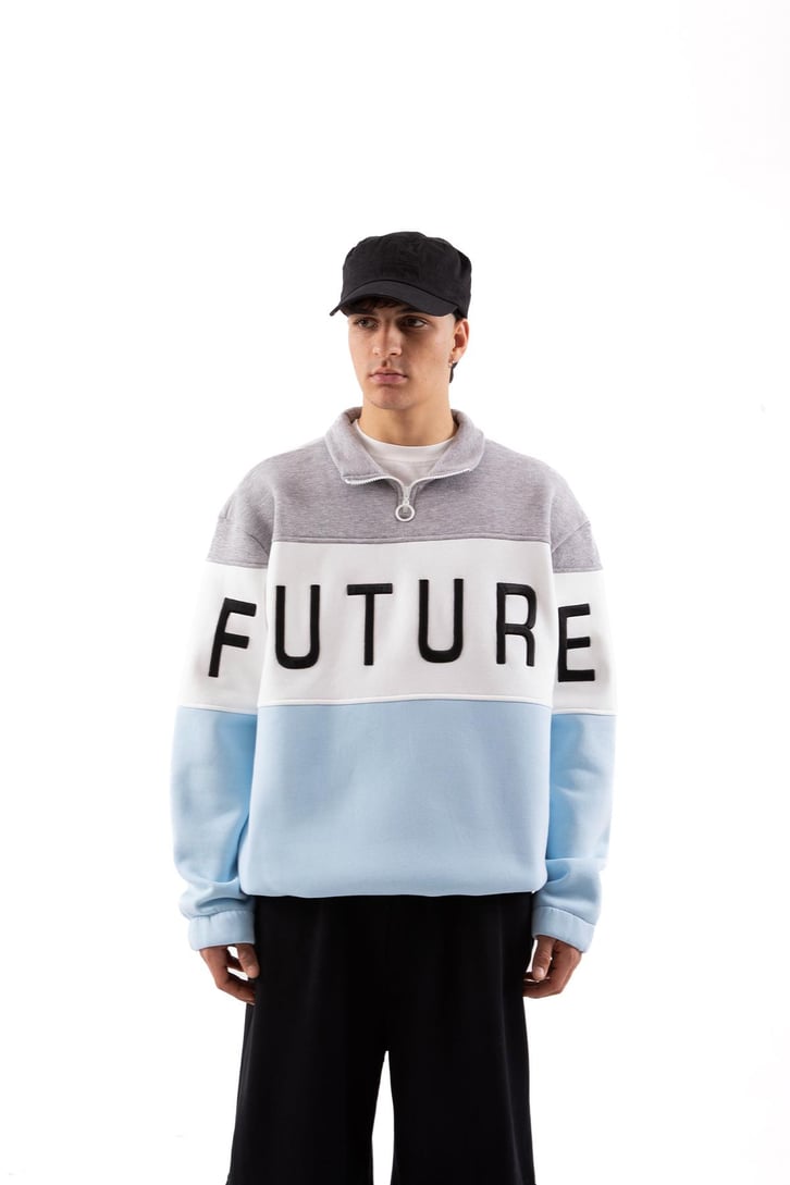 Future Baskılı Yarım Fermuarlı Bebek Mavisi Oversize Sweatshirt
