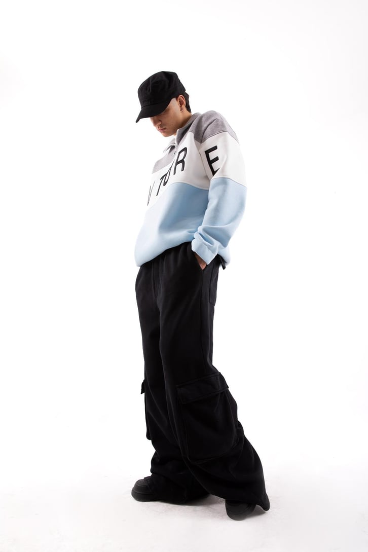 Future Baskılı Yarım Fermuarlı Bebek Mavisi Oversize Sweatshirt