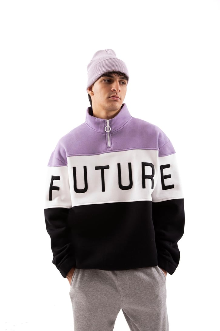Future Baskılı Yarım Fermuarlı Siyah Oversize Sweatshirt