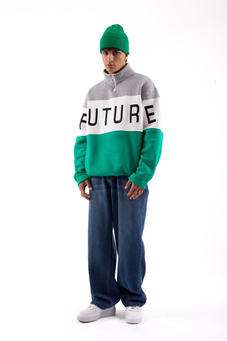 Future Baskılı Yarım Fermuarlı Yeşil Oversize Sweatshirt