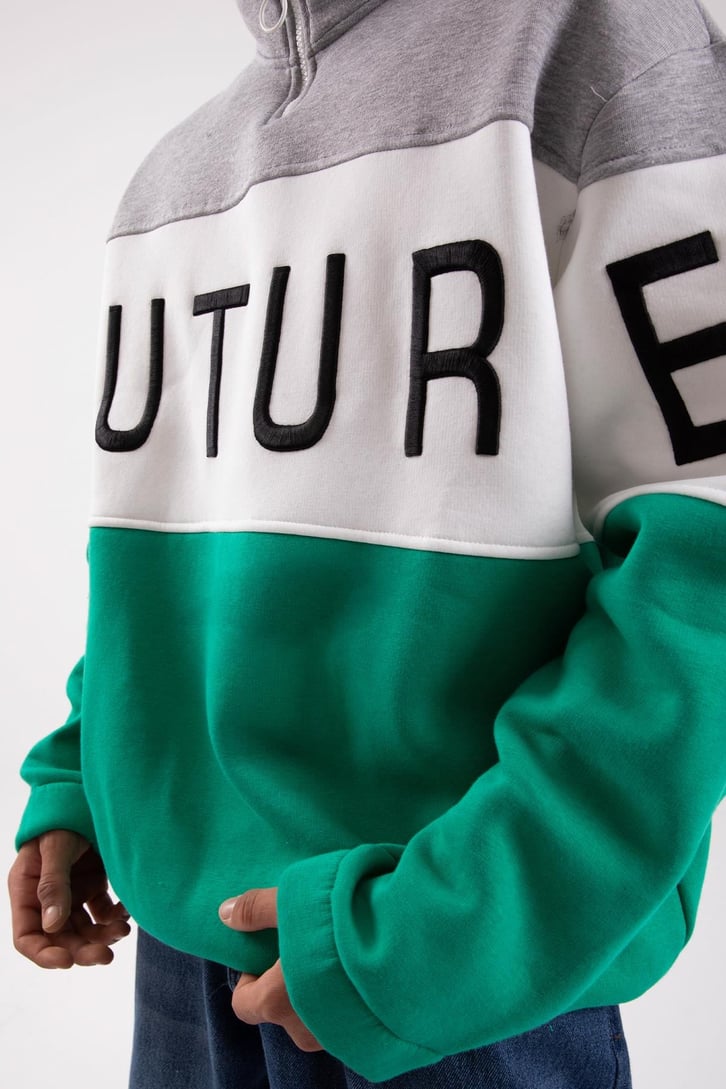 Future Baskılı Yarım Fermuarlı Yeşil Oversize Sweatshirt