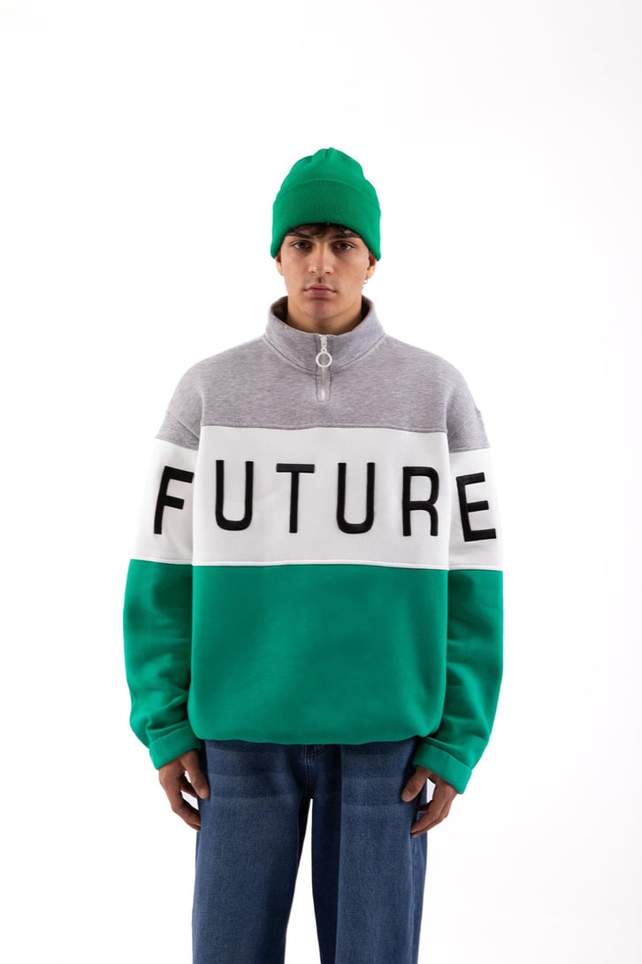 Future Baskılı Yarım Fermuarlı Yeşil Oversize Sweatshirt
