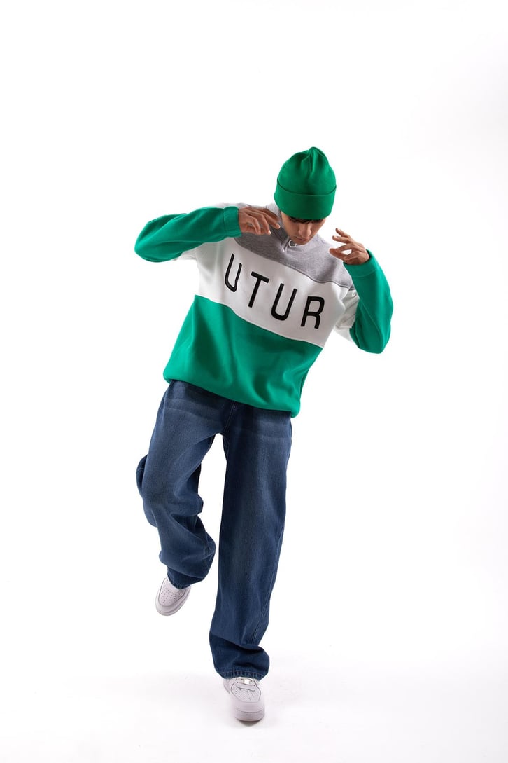 Future Baskılı Yarım Fermuarlı Yeşil Oversize Sweatshirt