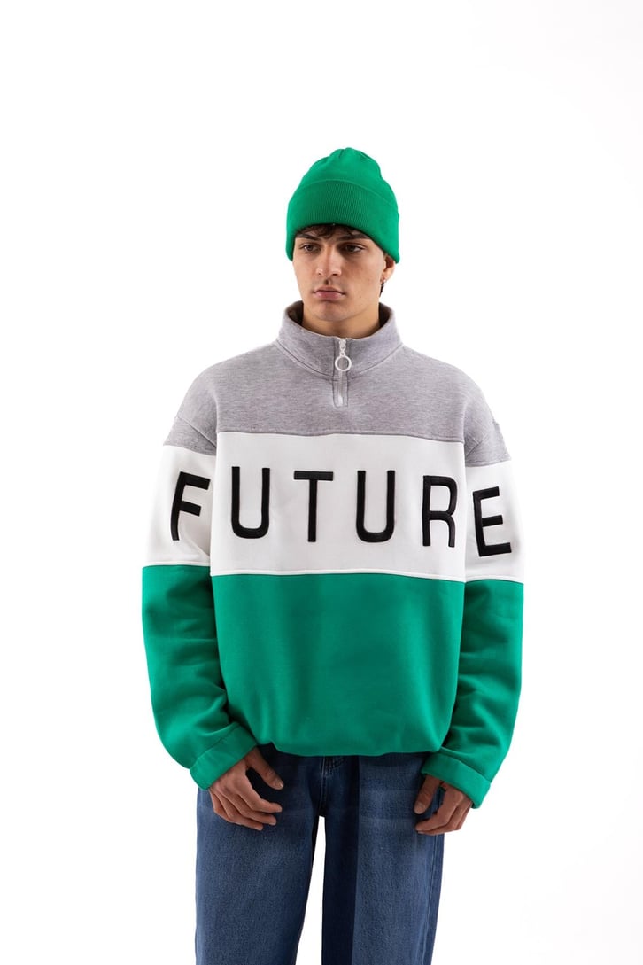 Future Baskılı Yarım Fermuarlı Yeşil Oversize Sweatshirt