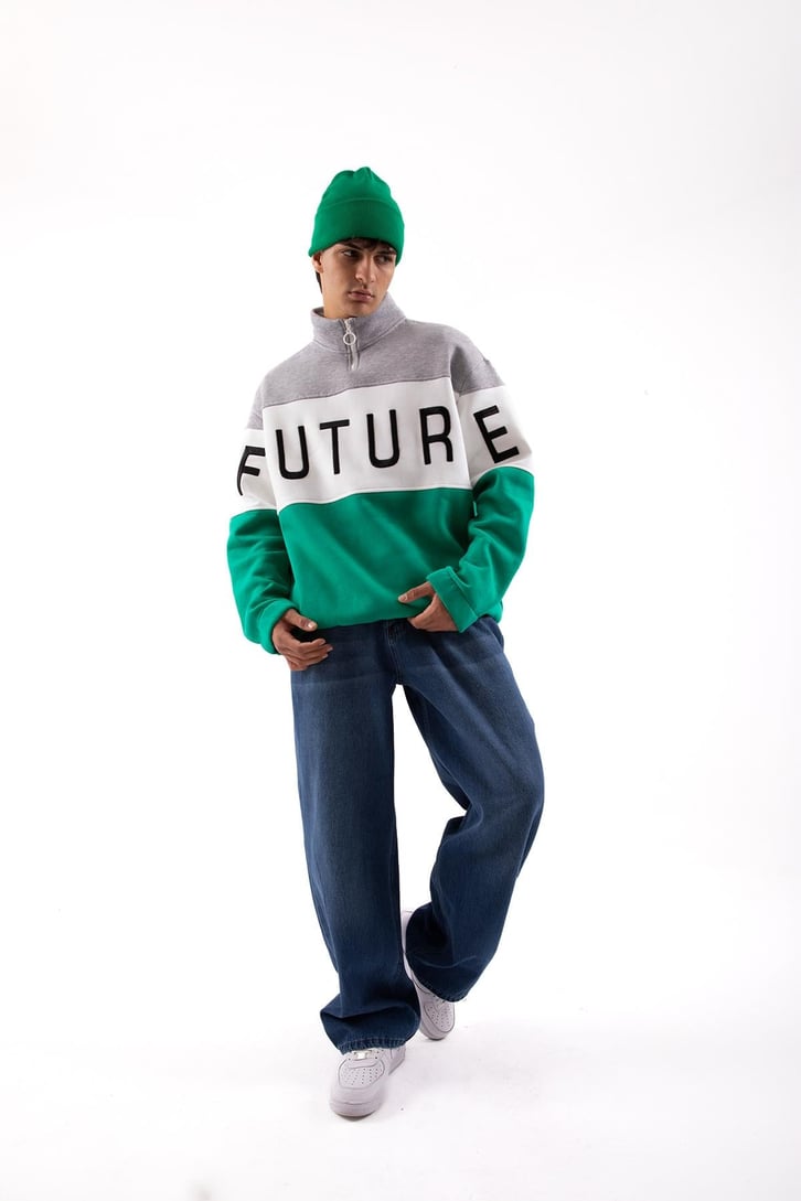 Future Baskılı Yarım Fermuarlı Yeşil Oversize Sweatshirt
