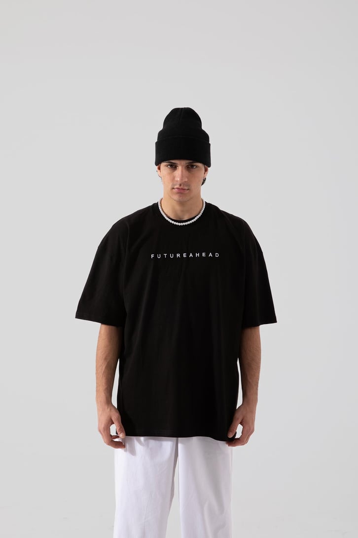 Futurehead Nakışlı Siyah Oversize Tişört