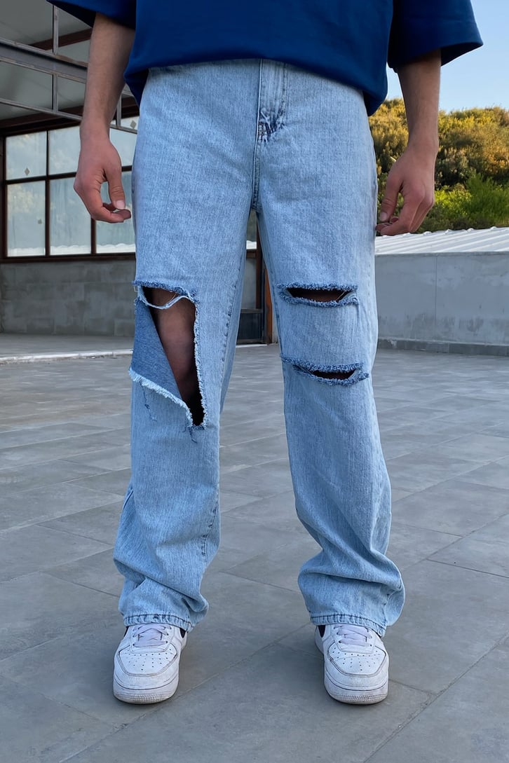 Gaping Yırtık Detaylı Buz Mavi Baggy Jean