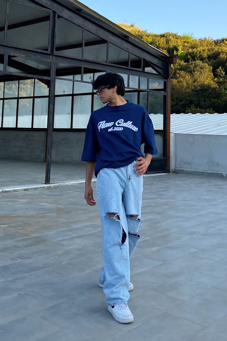 Gaping Yırtık Detaylı Buz Mavi Baggy Jean