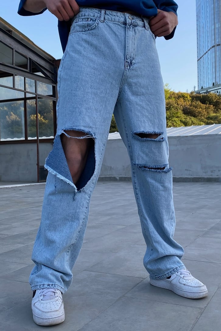 Gaping Yırtık Detaylı Buz Mavi Baggy Jean