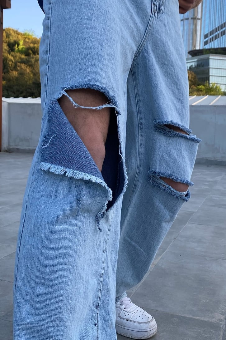 Gaping Yırtık Detaylı Buz Mavi Baggy Jean