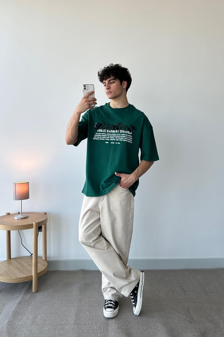 Garment Baskılı Bej Oversize Tişört