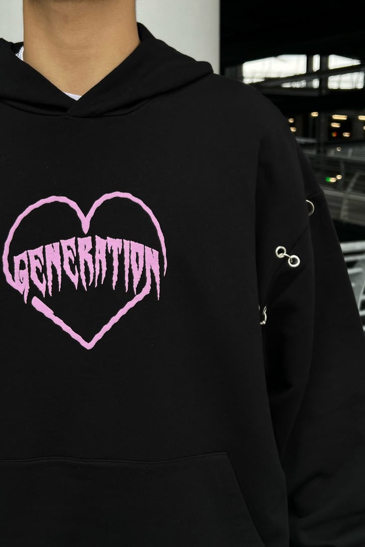 Generation Heart Baskılı Siyah Oversize Hoodie