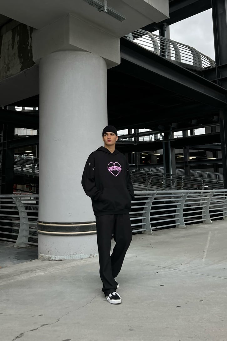 Generation Heart Baskılı Siyah Oversize Hoodie